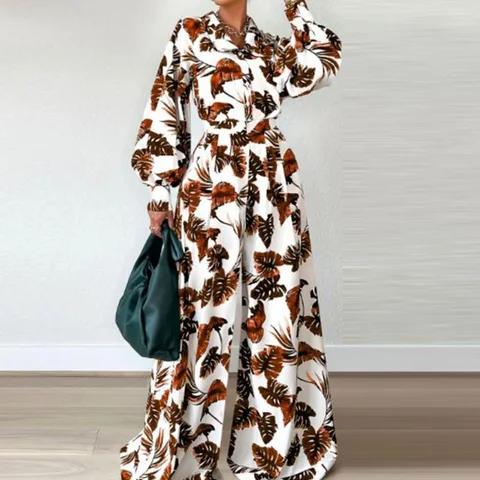 Spring Summer High Waist Wide Leg Pants Suit Casual Loose Women Two Piece Set Fashion Leaf Print Long Sleeve Blouse Shirt Outift