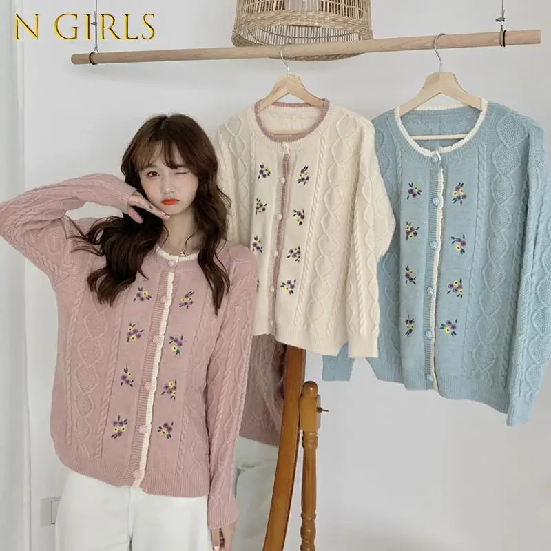 

N GIRLS Cardigan Women Elegant Fairy Long Sleeve Embroidery Popular Student Korean Simple Preppy Style Single Breasted Solid