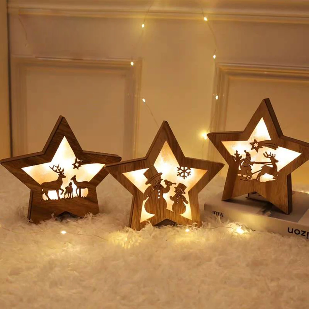 

Christmas Wooden LED Star Shaped Hanging Ornament Nordic Style Old Man Snowman Star Warm Light for 2023 Xmas Decor Home Party