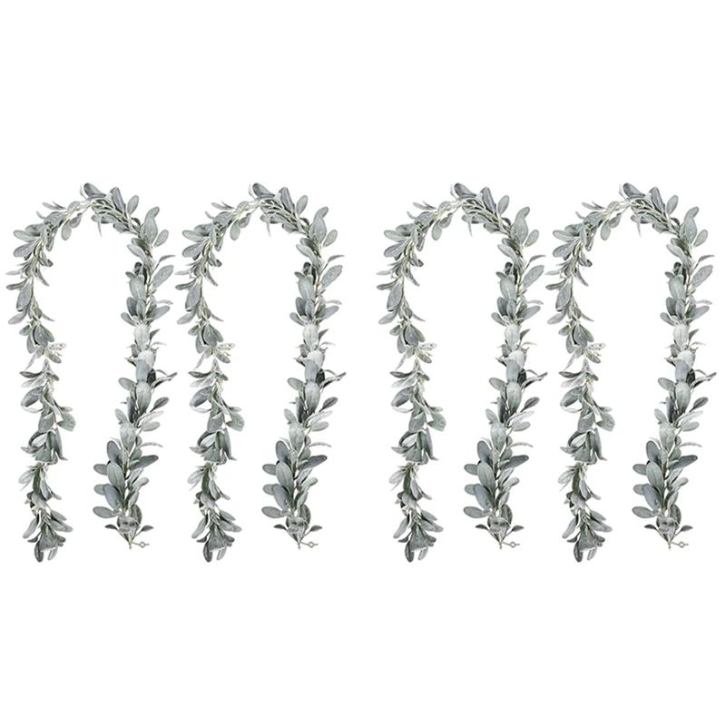 

4 Pcs Artificial Flocked Lambs Ear Garland - 6Ft/Piece Soft Faux Vine Greenery And Leaves For Framhouse Mantle Decor