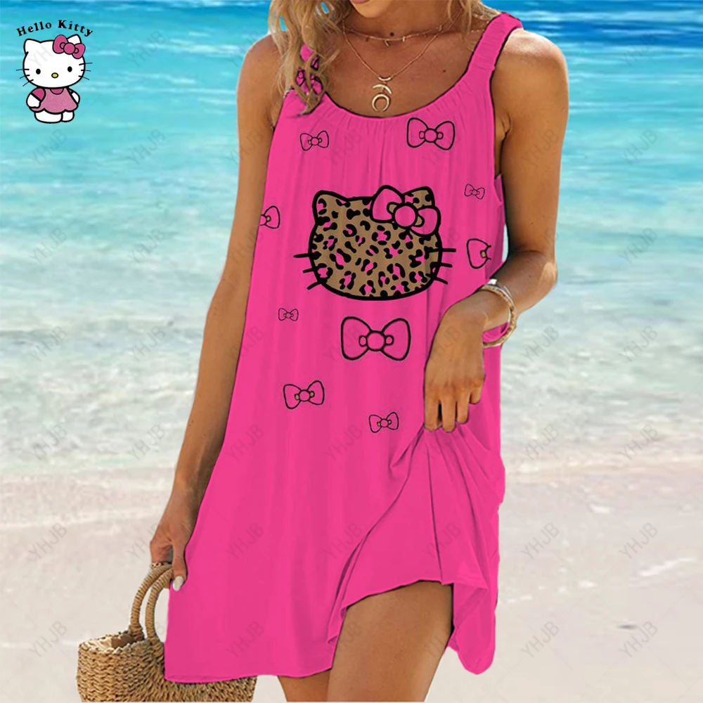 

Новинка 2023, пляжная юбка с принтом Hello Kitty, свободная юбка от солнца, сексуальное женское платье без рукавов, летняя пляжная юбка, повседневное свободное платье на бретелях