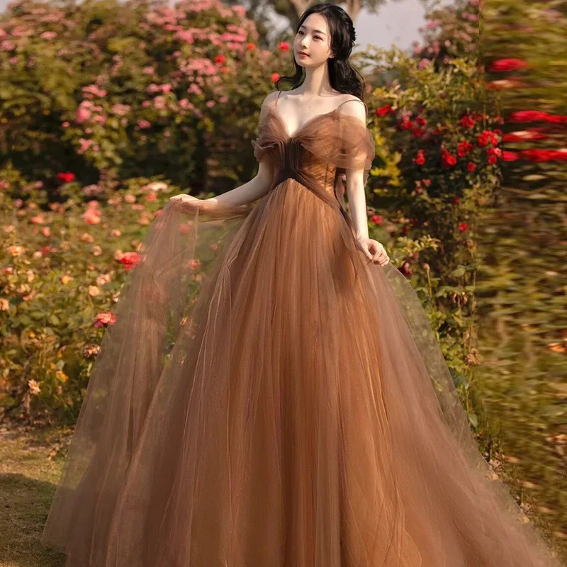 

Brown Tulle Off Shoulder Evening Dress Spaghetti Straps Back Bow Elegant Fairy Floor-length host banquet Dresses New