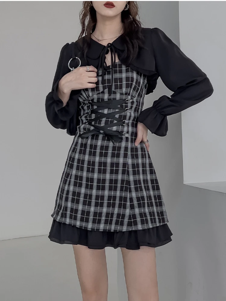 

Japanese Vintage Gothic Mini Dress Women Harajuku Black Plaid Bandage Y2K Slim Strap Dresses Female Chic Punk Two Piece Set new