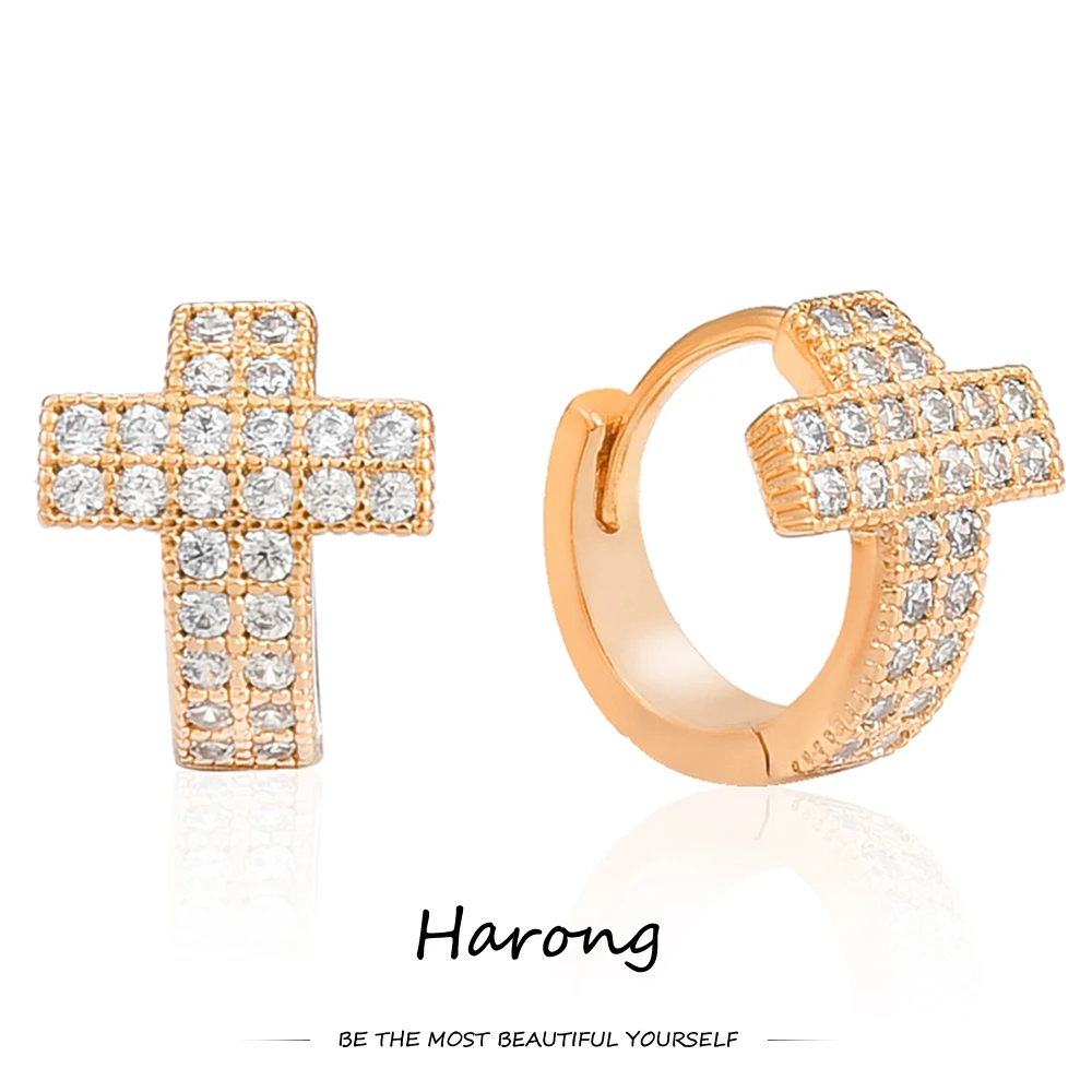 

Harong Luxury Copper Crystal Cross Hoop Earrings 585 Rose Gold Metalsmall Cute Earrings Jewelry Gifts for Women Engagement