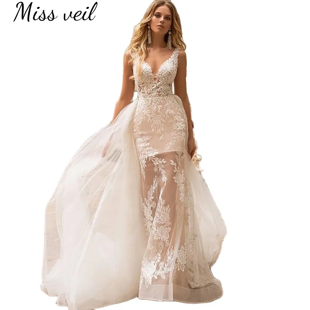 

Miss Veil V-Neck Wedding Dresses For Bride Tulle Beach Sleeveless Bridal Gown Lace Appliques Sheath Sweep Train Vestido De Novia