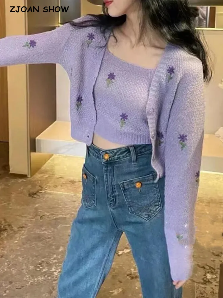 

1 set 2022 Spring Korea Style Vintage Embroidery Flower Cardigan Tank Top V neck Single-breasted Button Knitted Sweater Jumper