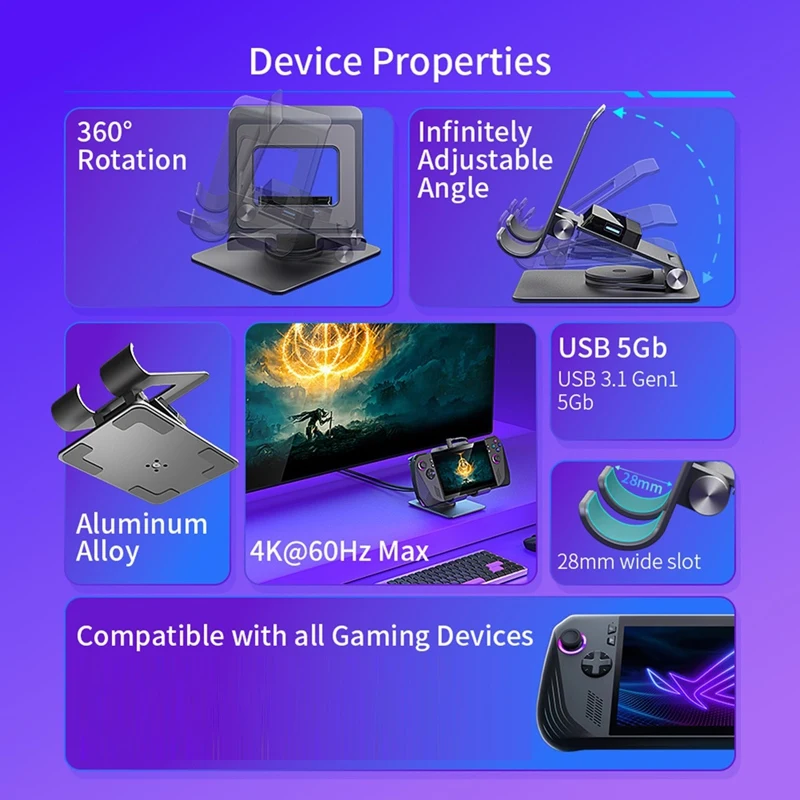 Док-станция с вращающейся подставкой для ROG Ally X &amp Steam Deck OLED Switch Ipad Pro 4K2K 100 Вт