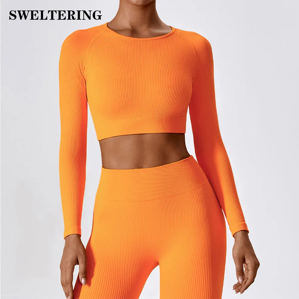 

Sexy Women's Shirt Seamless Crop Top Gym Workout Fitness Shirts Ribbed Long Sleeve Sports Top Woman Yoga Tops Activewear