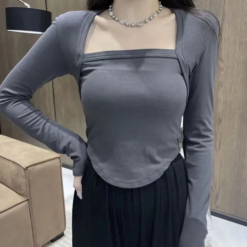

Women Sexy Tops Square Neck Long Sleeve Shirts Y2k Casual Clothing Skinny Slim Basic T-shirts Spring Autumn New Black White Tees