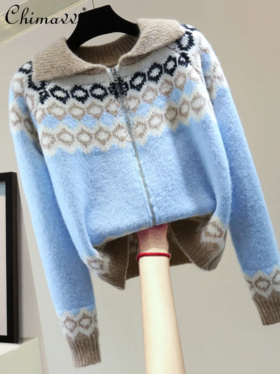 

2022 Winter Korean Fashion Short Vintage Color Matching Printing Lapel Zipper Cardigan Loose-Fitting Long Sleeve Sweater Women