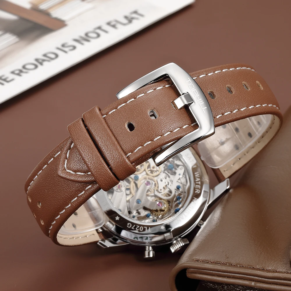 Фото Мужские механические часы TOPHILL Vintage Racing Chronograph ST1901 Seagull Movt. Военный кожаный ремешок Pilot Military с сапфировым стеклом 5ATM TL027G №4