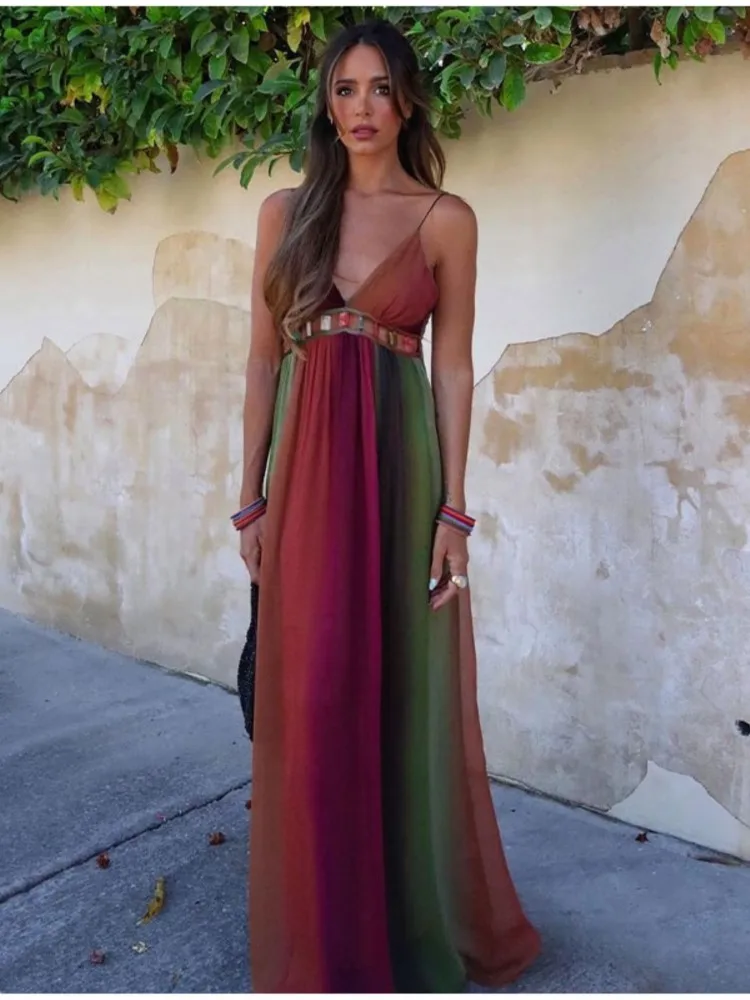 

Женское шифоновое платье на бретельках, длинное пляжное платье с открытой спиной и V-образным вырезом, праздничная пляжная одежда для отпуска, лето 2023