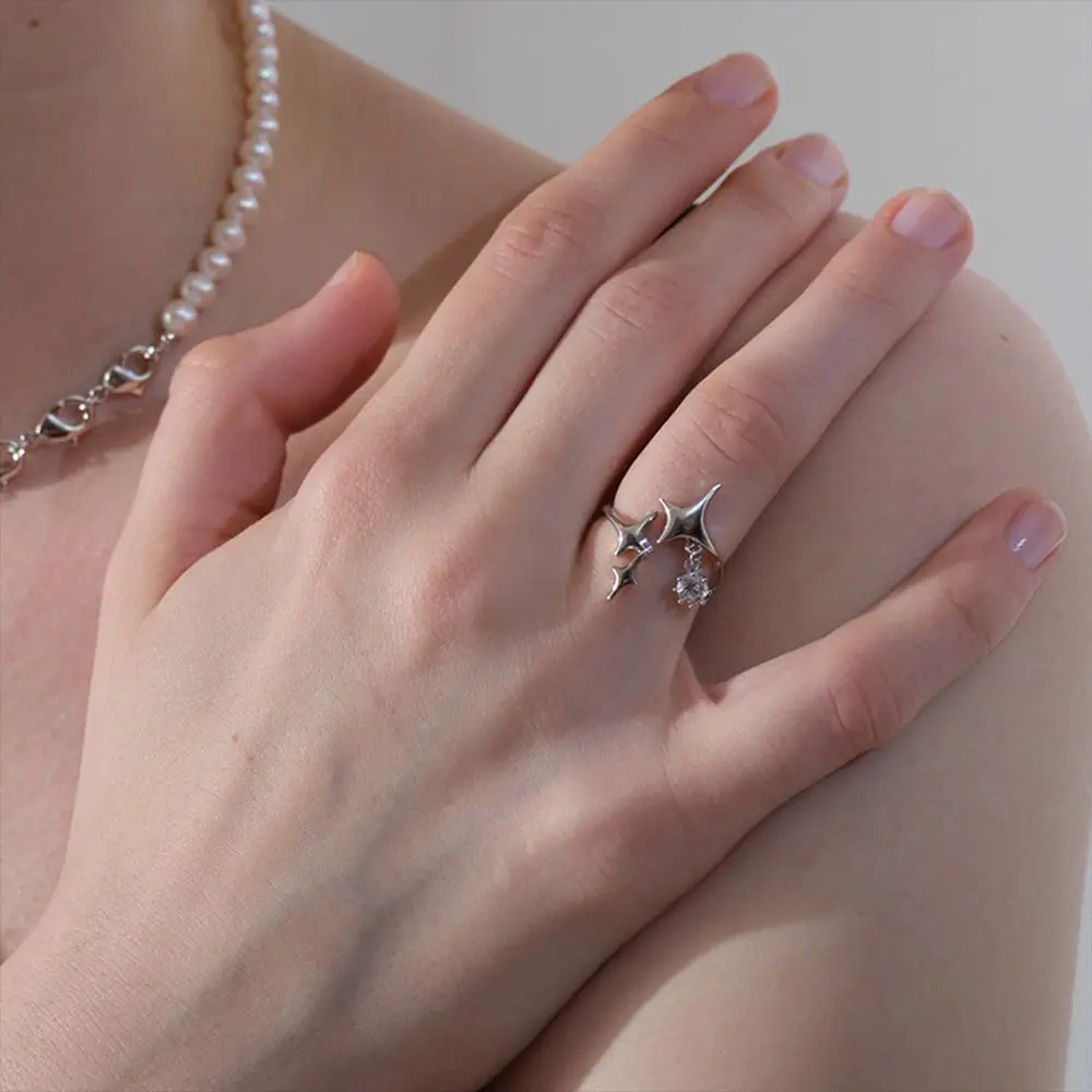 

New Punk Silver Color Four Pointed Star Ring Zircon Pendant Original Handmade Adjustable Size Ring For Women