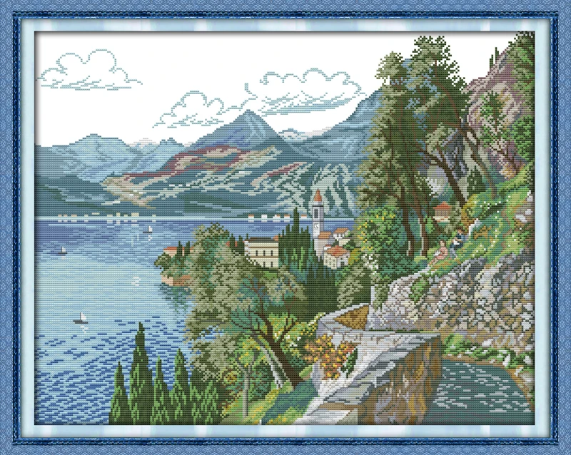 

Joy Sunday Pre-printed Cross Stitch Kit Easy Pattern Aida Stamped Fabric Embroidery Set-With Lake and Hills (2)
