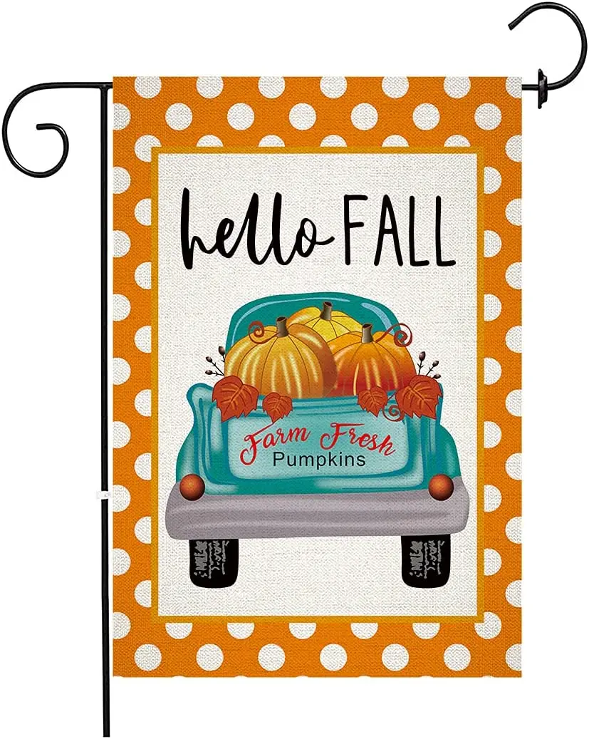 Флаг садовый Hello Fall Оранжевые тыквы в горошек для грузовика маленькие сезонные