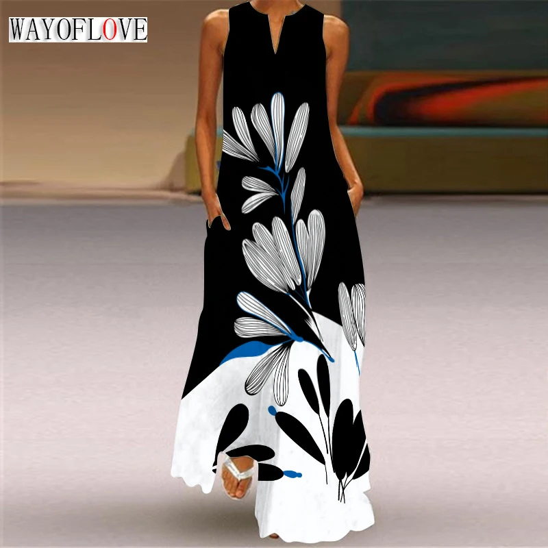 

WAYOFLOVE Lady Spring Summer Black Long Dress Sleeveless Leaf Printing Elegant Dresses For Women 2023 Casual Beach Women's Dress