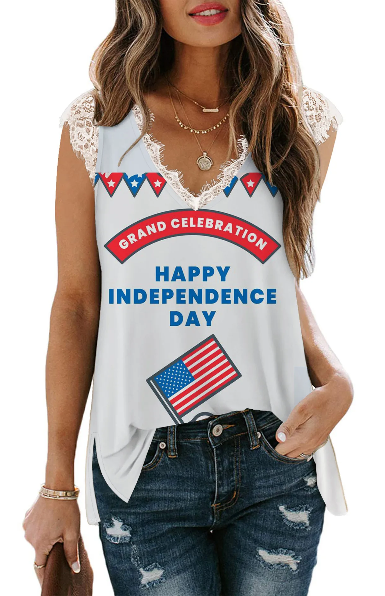 

2022 July 4th Independence Day Women Sleeveless Shirts with Lace Trim Camis Lady V Neck Vests Waistcoat Girl Maid Tanks Tops