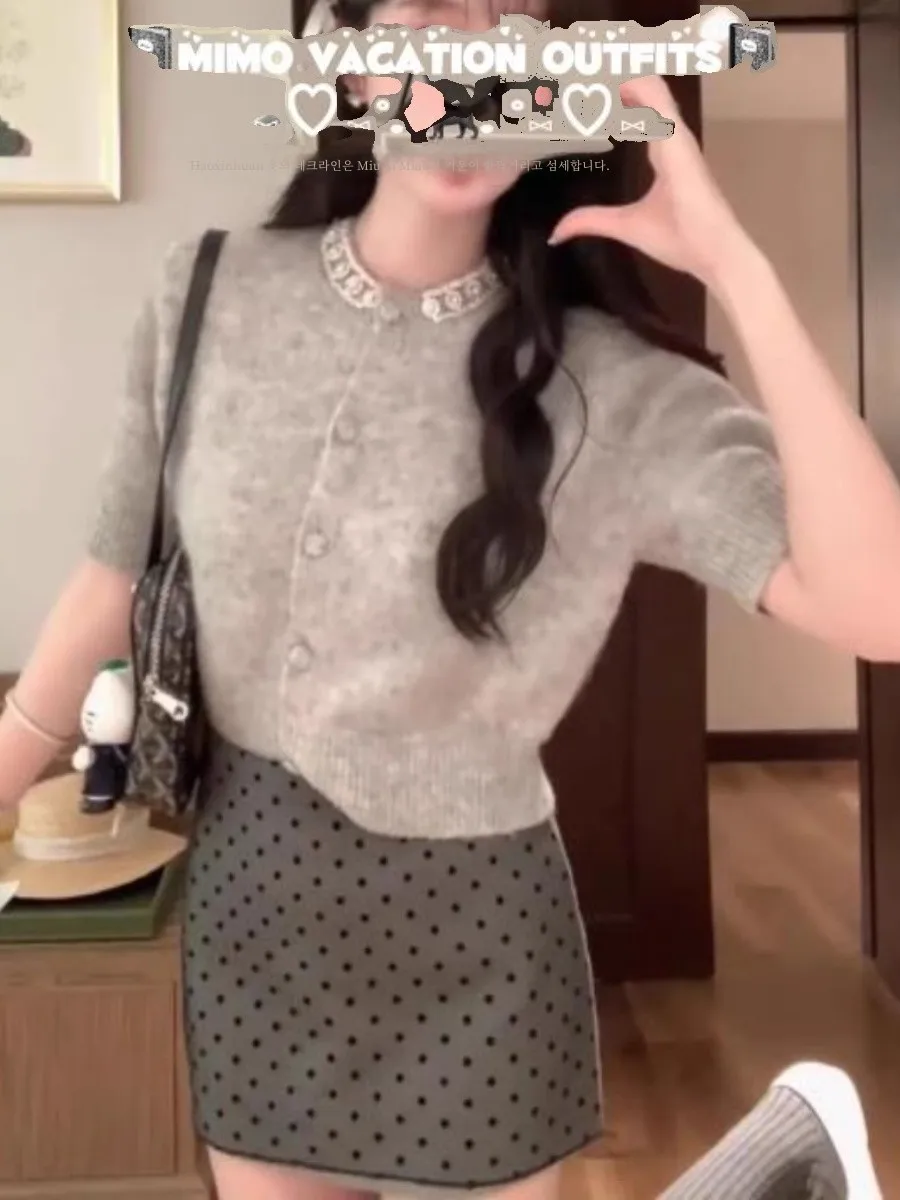 Весенняя серия Miu со сверлильным свитером кардиган футболка с короткими рукавами