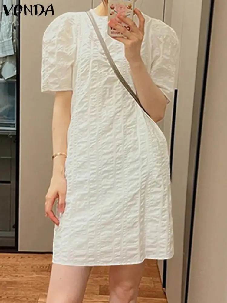 

Oversized Women Dress Fashion Summer Dresses 2023 VONDA Bohemian Puff Sleeve Solid Color Party Vestidos Robe Femme