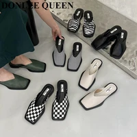 brand designer women slippers fashion zebra gingham mules flat heels square toe shallow shoes outdoor slide female casual sandal