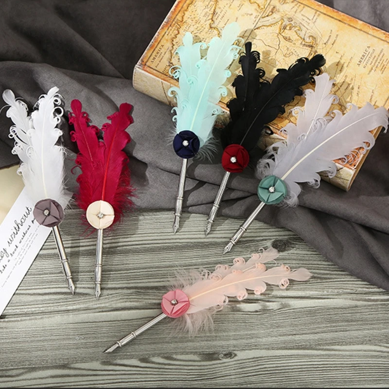 

Antique Feather Dip Pen Kit Retro Fountain Pen Set 5 Pen Nibs for Calligraphy Art Words Writing Business Gift Supplies