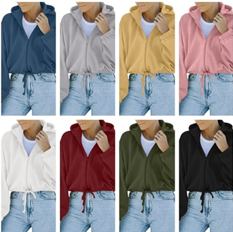

Women's 2022 Fall/Winter Solid Color Zipper Hooded Drawstring Loose Sweater Fashion Jacket