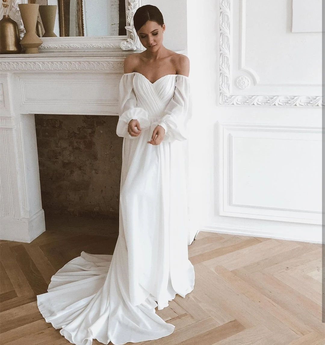 

Simple Wedding Dress Sweetheart A-Line Chiffon Sweep Train Floor Length Beach Cheap Robe De Mariee Elegant Charming Bridal Gowns