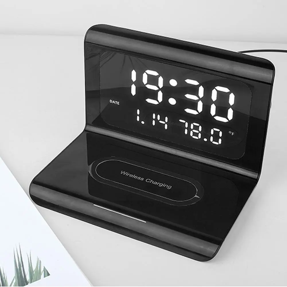 With Wireless Charger Thermometer Calendar Time Led Display Bedroom Desk Lamp For Ios Android E7w8