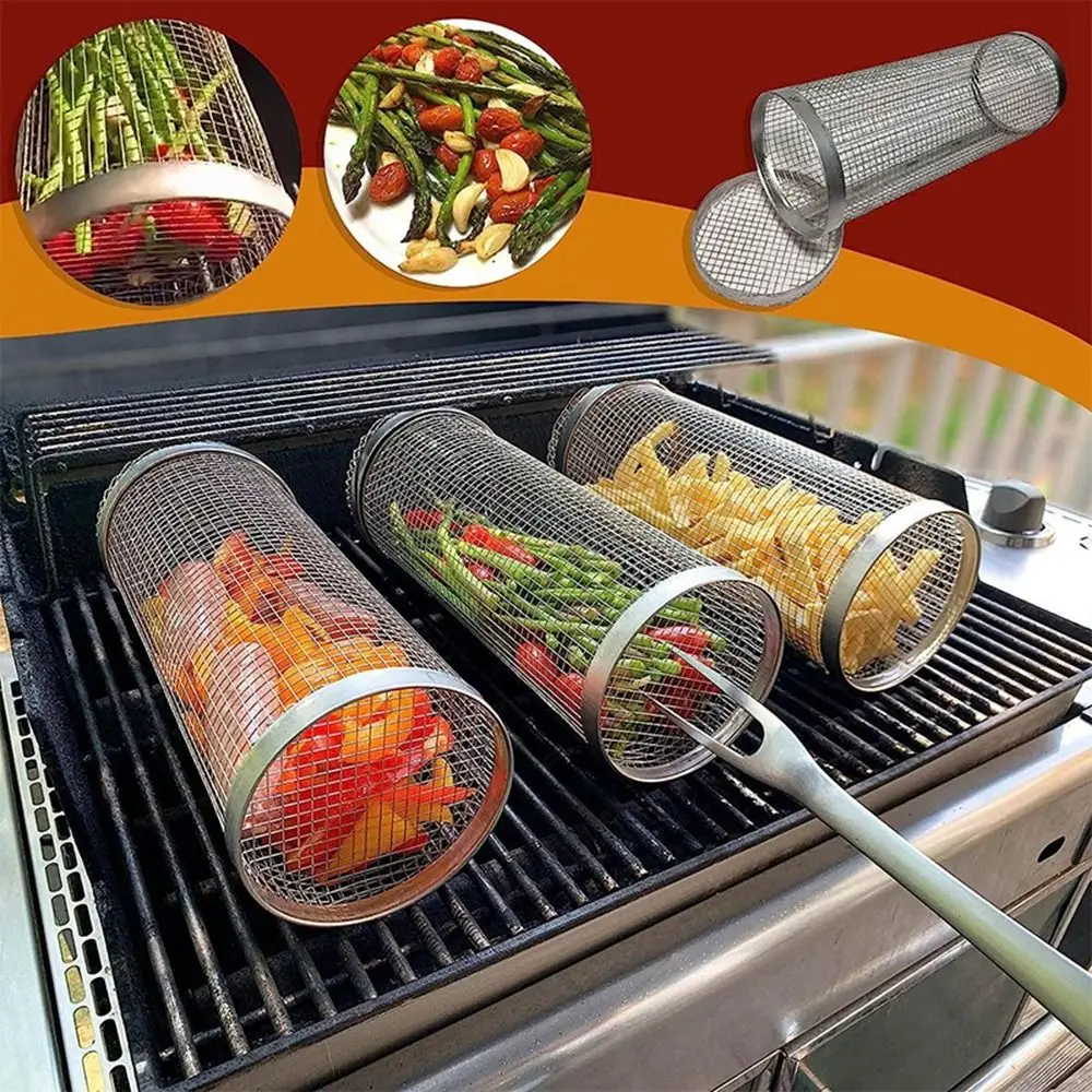

Rolling Grilling BBQ Baskets Stainless Steel Mesh Barbecue Rack Outdoor Picnic Camping Leakproof Simple Cylindrical BBQ Grill