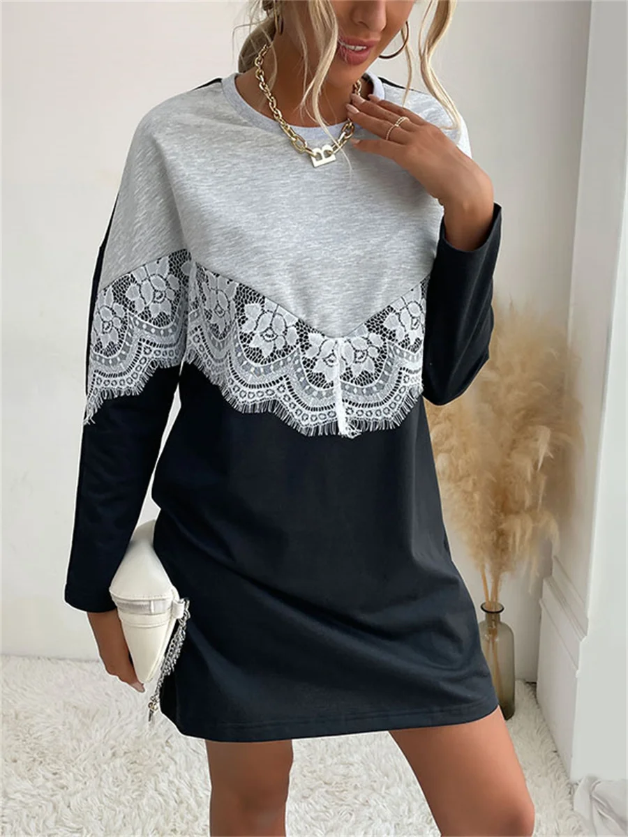 

Woman Spring Autumn Style Dress Lady O-Neck Long Sleeve Patchwork Straight Mini Dress SS4132