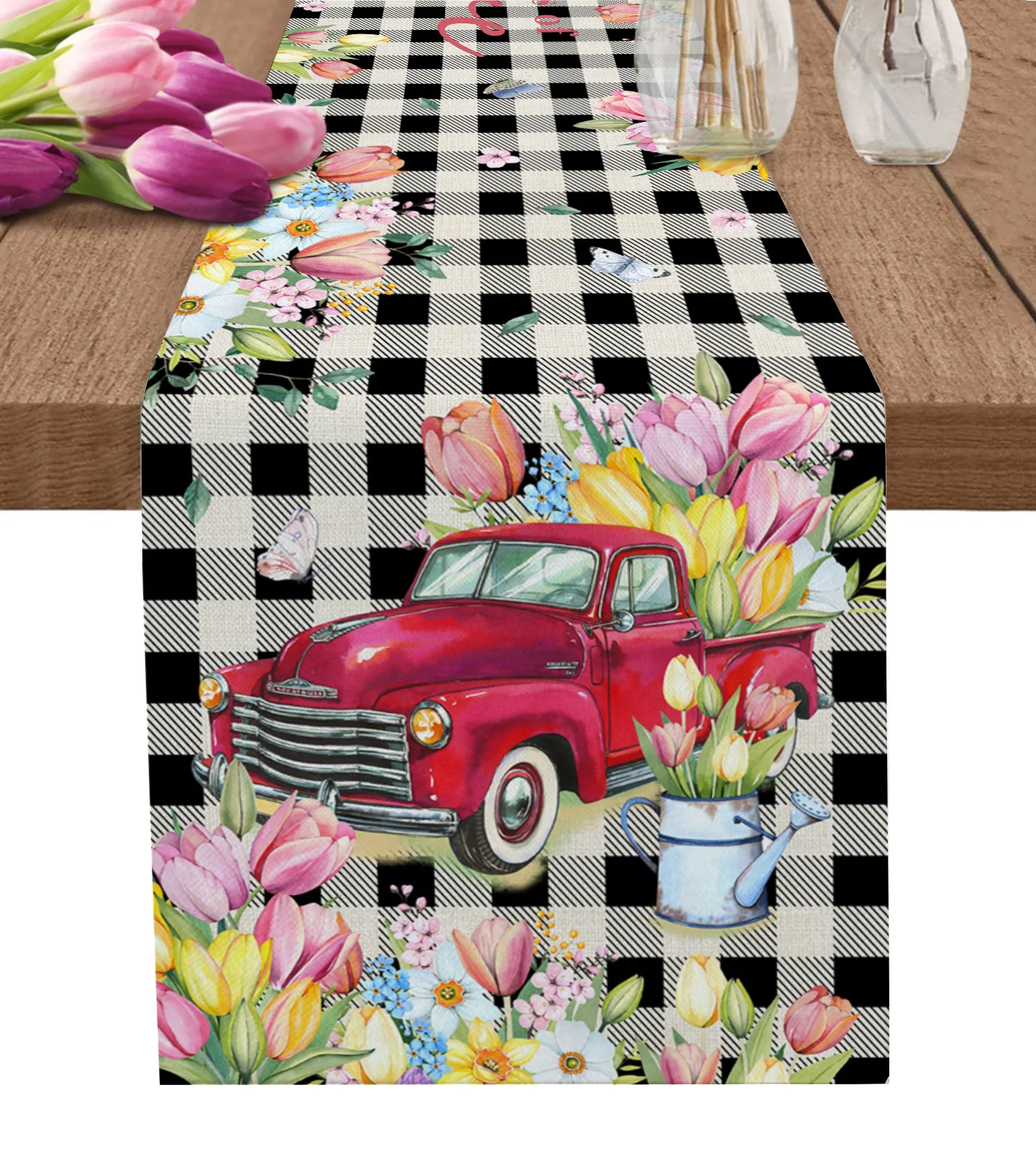 Весенний принт грузовика с тюльпанами на бегунах для стола из современного льна, домашнего текстиля для свадебного украшения, пасхальных украшений.