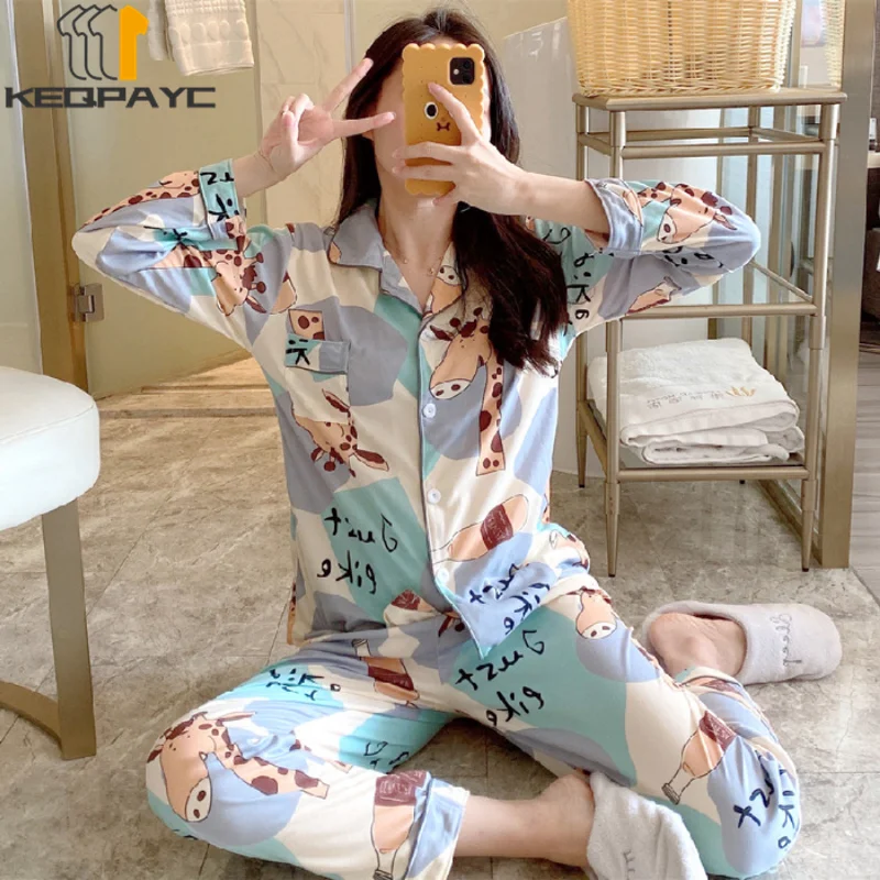 Women's Pajamas New 2023 Spring Autumn Long Sleeve Lapel Sweet Cartoon Sleepwear Women Casual Loose Nightwear Clothing Sets
