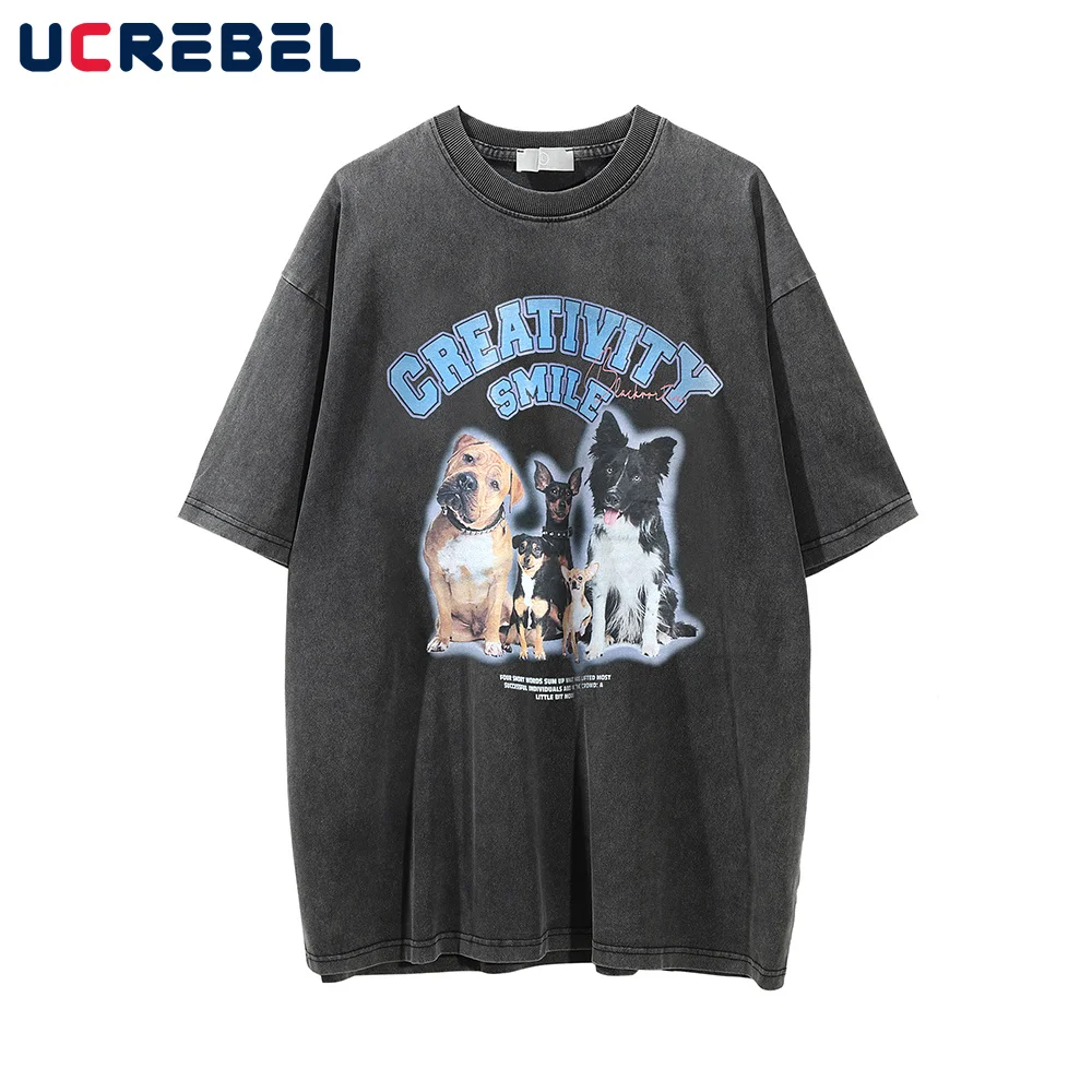 

Animal Print Short Sleeve T-shirt Mens Washed Distressed Round Neck Loose Casual Drop Shoulder Half-Sleeve Summer Cotton Tee Men