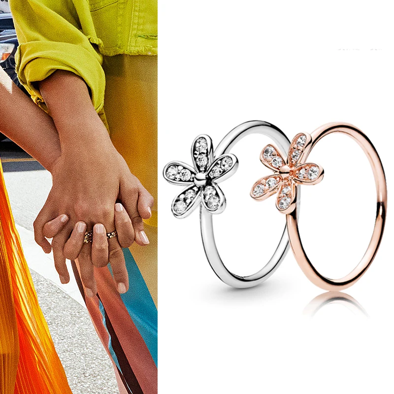 

Original 925 кольцо Silver Pan Ring Shiny Rose Gold And Silver Daisy Pan Ring For Women Wedding Party Gift Fashion Jewelry