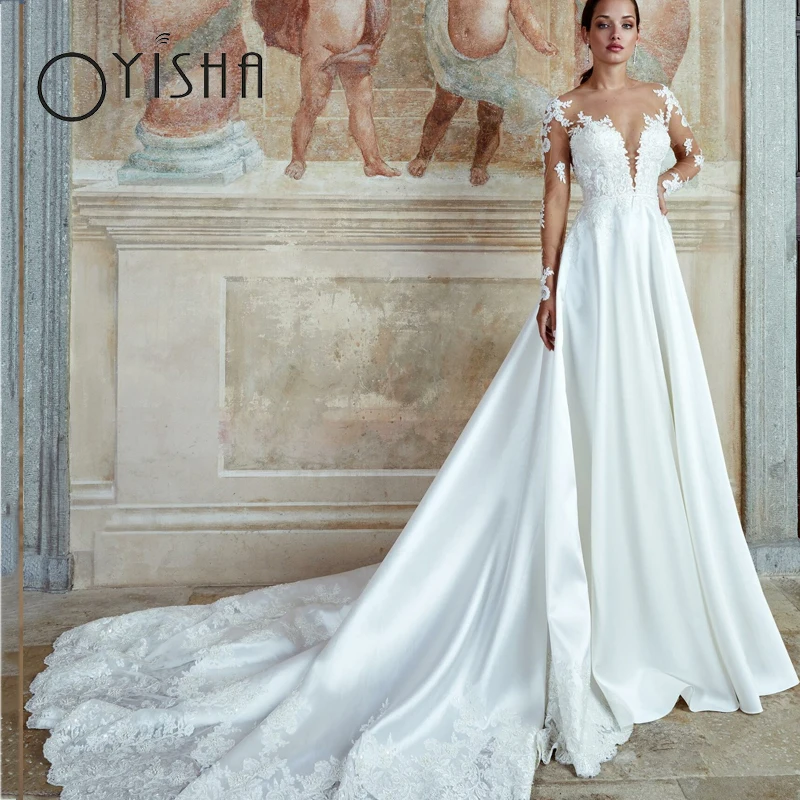 

OYISHA Cap Long Sleeve Wedding Dress Delicate Appliques Lace Sweetheart Robe De Mariée Illusion Back Bow Church Bridal Gown 2023