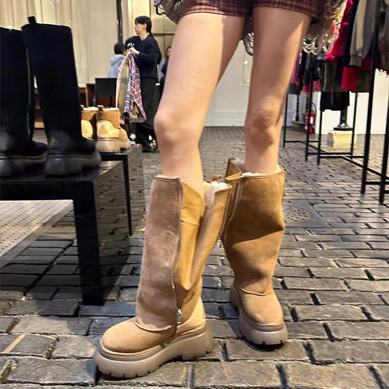 Зимние флисовые теплые меховые сапоги до колена для женщин 2025 г. нескользящие
