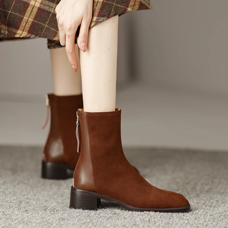 MythLuo Pumps Ankle Boots For Women Chunky Heels Boots Cow Suede Square Toe Mid Heels Back ZIP Office Ladies Casual Shoes Retro