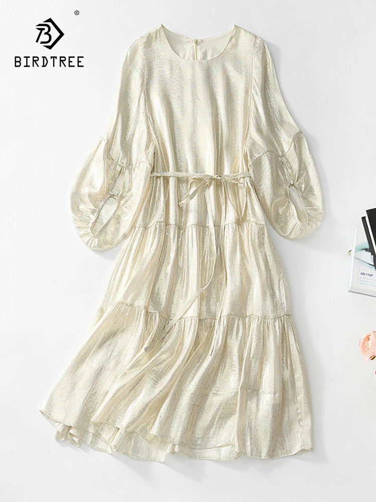 Birdtree 60%Real Silk Elegant Party Dresses For Women Summer O-neck Lantern Sleeve Vintage Dress A-line Fashion Dress D37439QC