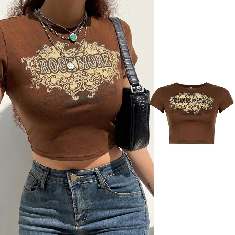 

Women Summer Short Sleeve O-Neck Crop Top Goth Punk Contrast Color Rock More Letters Graphic Print Casual Slim T-Shirt Aesthetic