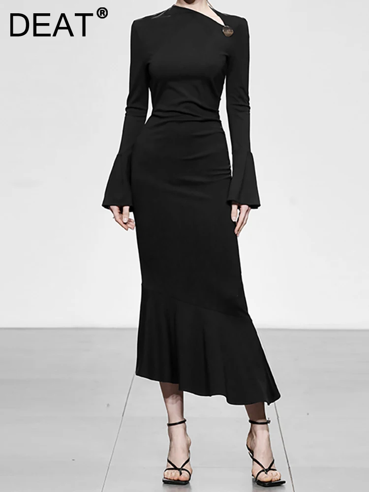 DEAT Women's Evening Dress Irregular Collar Flare Sleeve Asymmetric Black Slim Zipper Fashion Dresses Summer 2023 New 13DB1505