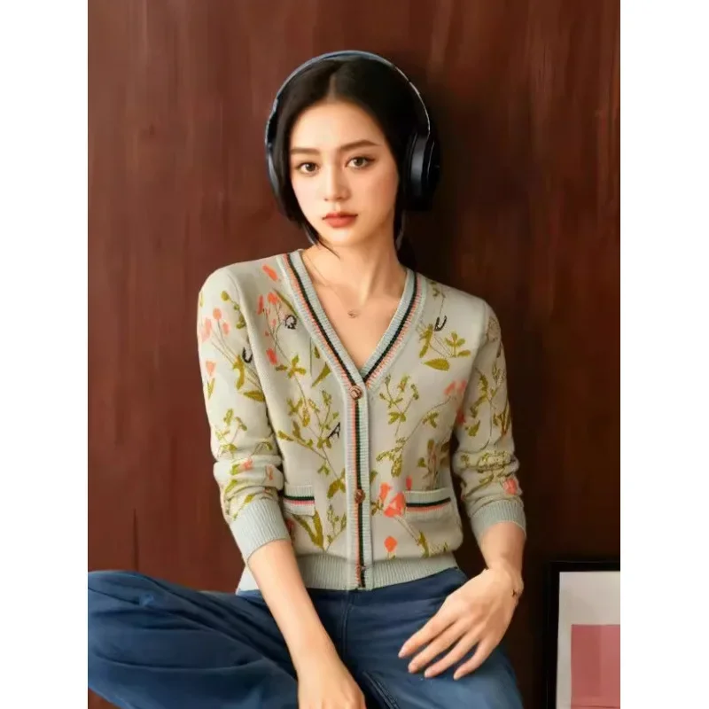 Винтажный жаккардовый вязаный кардиган в китайском стиле Женская модная куртка