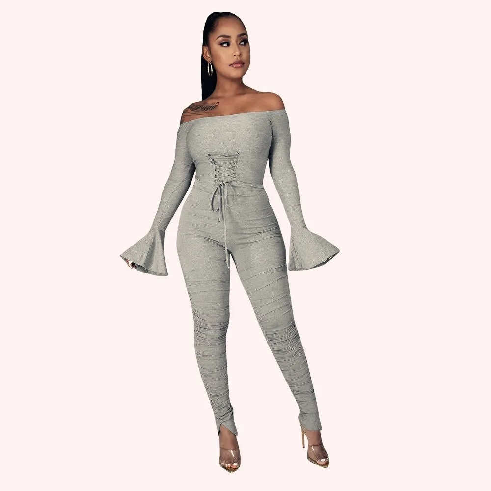 Black Flared Sleeve Jumpsuit One Line Neck Sexy Rompers Grey Slim Bodysuit Strap Slit Trousers African Casual Womens Summer 2022