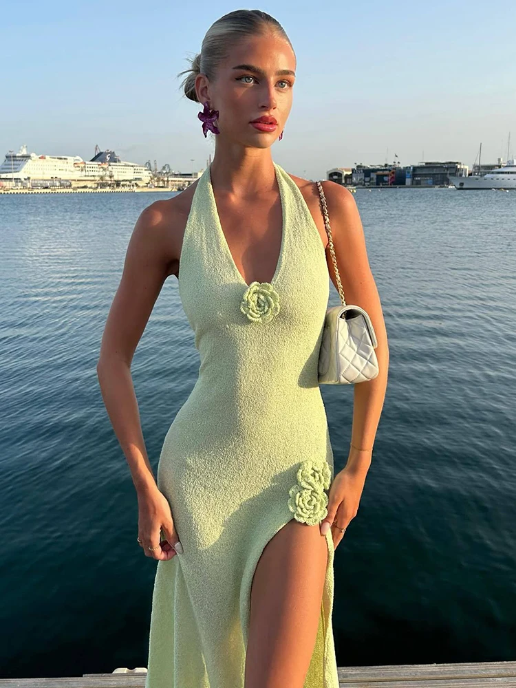 JULISSA MO сексуальное женское платье макси с высоким разрезом и 3d цветами зеленое