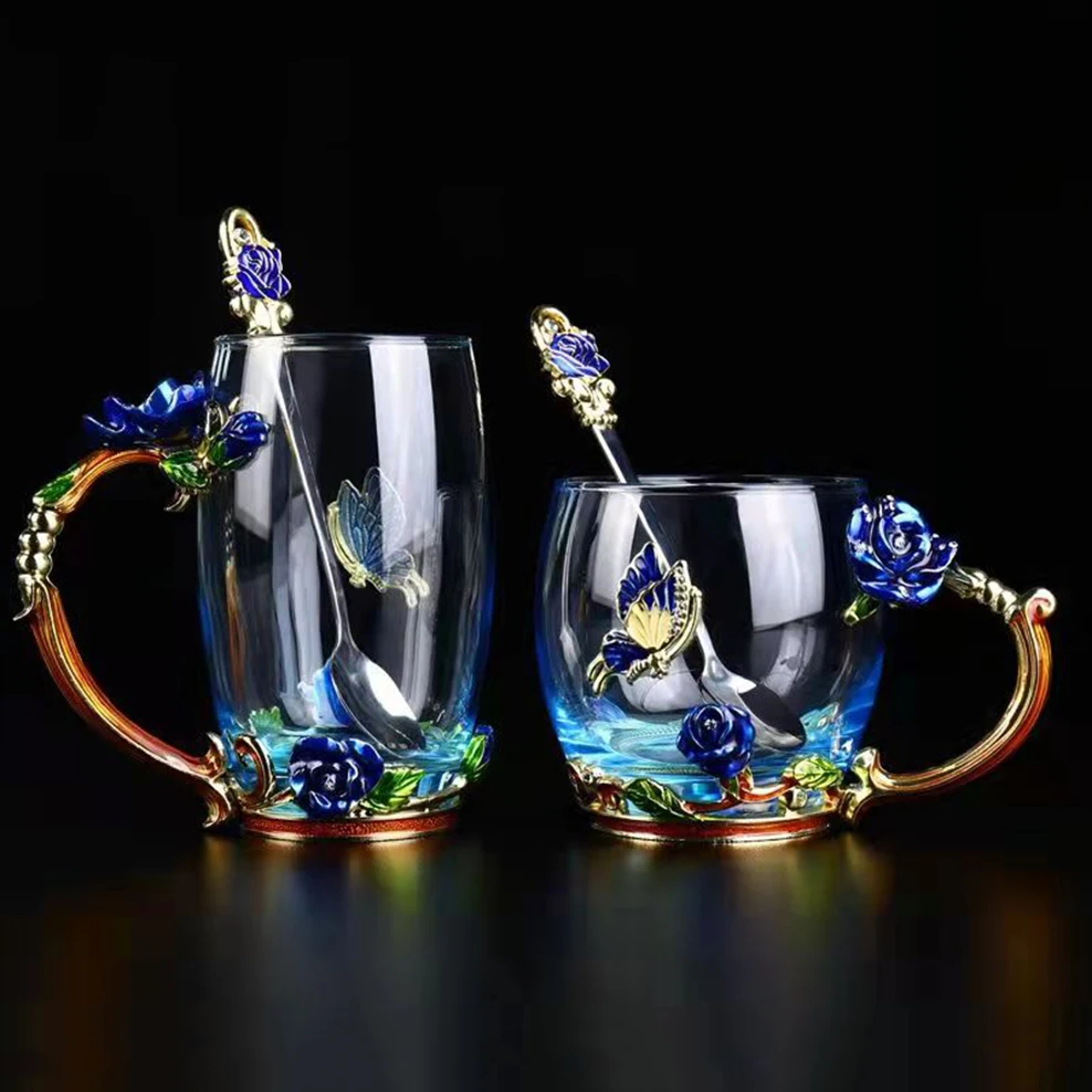 

Роза, стеклянная кофейная чашка, эмалированная Хрустальная чашка для детской чашки, Подарочная коробка с ложкой