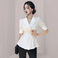 2022 summer new korean chic womens wear lapel short sleeve thin loose high end temperament leisure avant garde coat