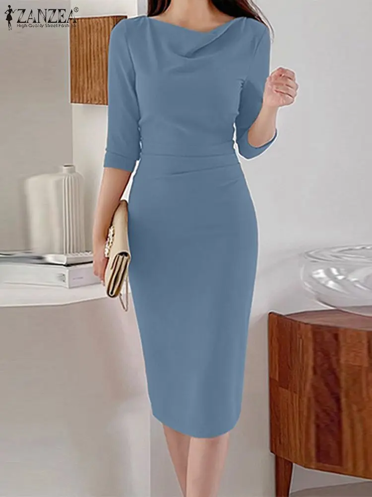 

2023 ZANZEA Fashion Bodycorn Dress Summer Female Short Sleeve Slim Sundress Woman O-Neck Party Robe Elegant Solid Color Dresses