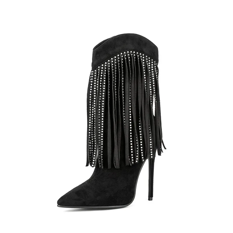 Women's Fashion Tassel Medium Boots Pointed Thin High Heels Sexy Side Zipper Large Women's Short Shoes In Autumn and Winter