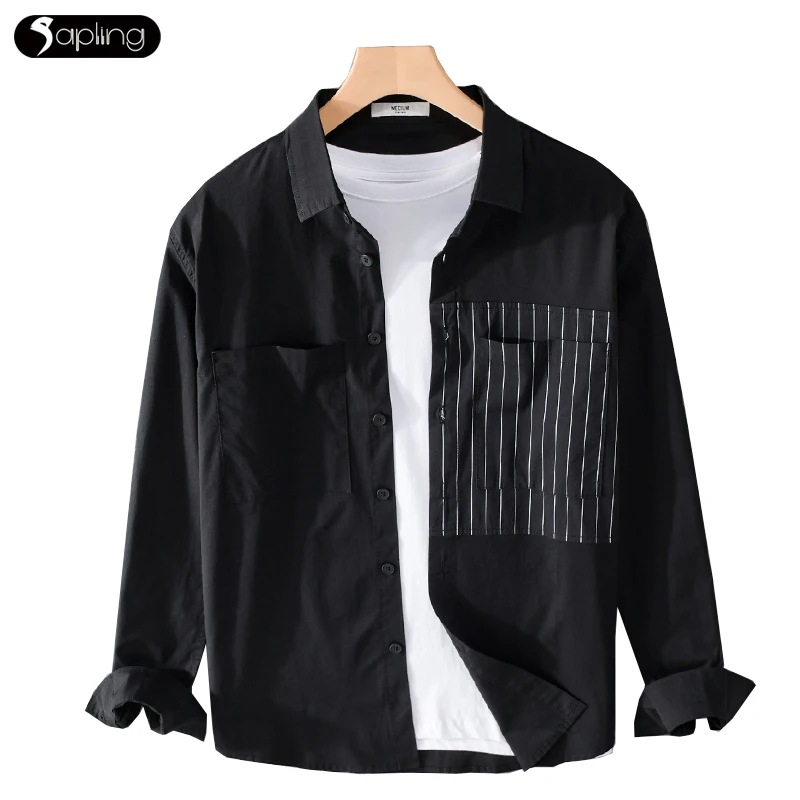 

Japanese Men's Spring Autumn Long-sleeved Shirt Casual Striped Stitching Handsome Young Men Shirt Color Contrast Breathable Tops
