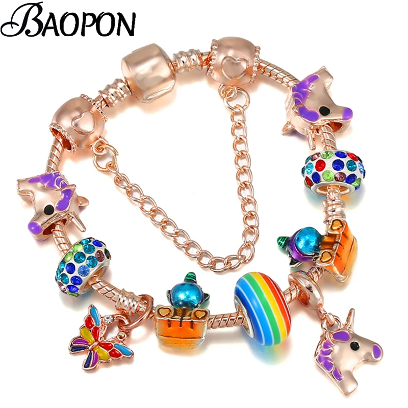 

Silver Plated Colorful Butterfly Unicorn Pendant Charm Bracelets Bangle With Snake Chain Bracelet For Women Jewelry Dropshipping