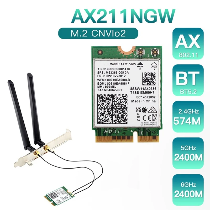 

Wireless Network Card AX211NGW+Dual Antenna Wifi 6E M.2 Key E Cnvio2 2.4Ghz/5Ghz 802.11Ac Bluetooth 5.2 Adapter
